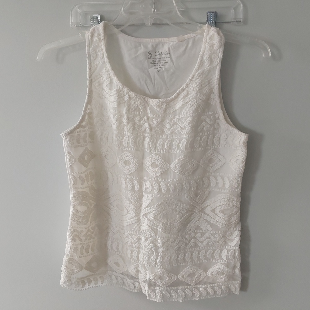 Mixed media sleeveless. Cream/off-white. Front is lined mesh lace. Tshirt back